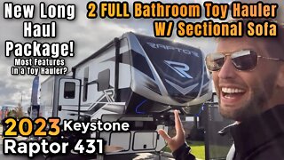 2023 Keystone Raptor 431 | 2 Full Bathroom with Sectional Sofa Toy Hauler & NEW Long Haul Package!