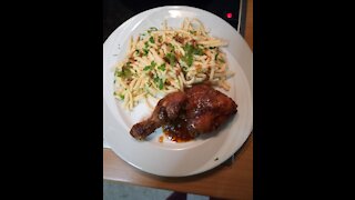 Honey roasted chicken with egg noodles