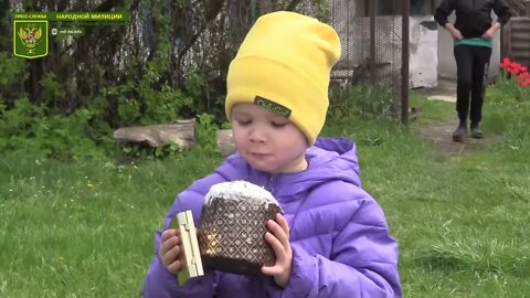 LPR soldiers gives Easter gifts to the refugees in Rubezhnoye, Luhansk oblast