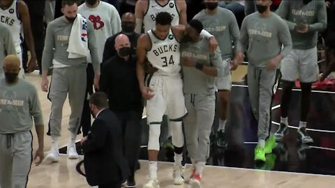 Giannis Antetokounmpo's injured left knee has no structural damage; Game 5 attendance in doubt