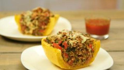 Turkey & Kale-Stuffed Spaghetti Squash with Savory Tomato Sauce