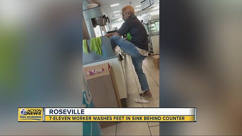 7-Eleven worker washes feet in sink behind counter in Roseville