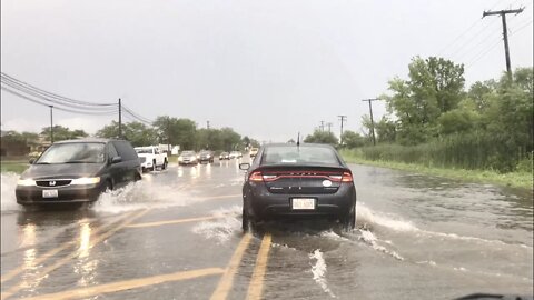 Just driving through flooded streets after rain storm in Lake County, Illinois July 12, 2017