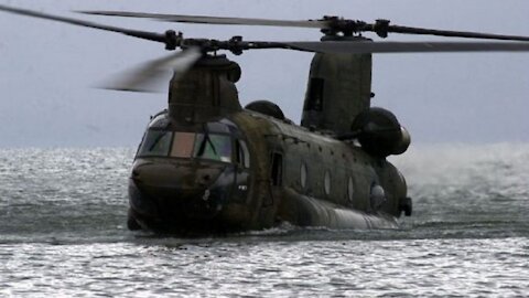 HH 3F and CH4 Chinook Helicopter Landing on Sea Water