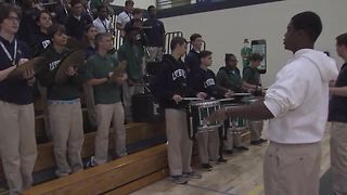 Friday Football Frenzy: Cathedral High School band rallies students for their game against the Center Grove Trojans