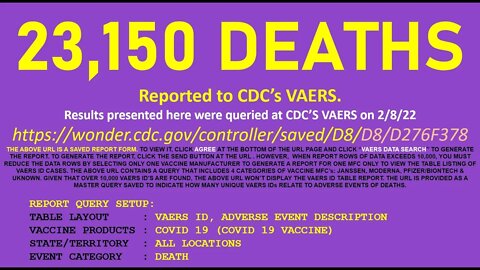 23,150 deaths reported into CDC's VAERS (vaccine adverse events) as of the 2/4/22 VAERS data set.