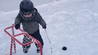 20-month-old Hockey Player Finds Clever Way To Score Goal