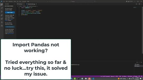 Panda Import Not Working in Python Using Visual Studio Code - Fixed