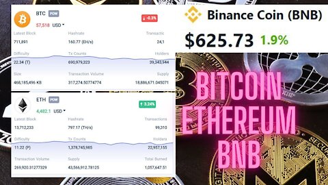 Bitcoin (BTC) $57,420.09, Ethereum (ETH) $4,483.05, Binance Coin (BNB) $625.73