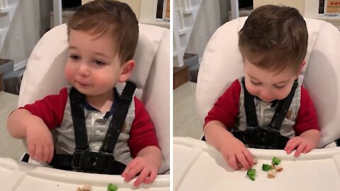 Sneaky Toddler Tries To Hide His Broccoli