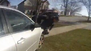 Porch pirate accomplice hits officer with a vehicle during get-away