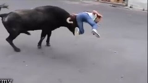 Best Attacks Bull Funny Bullfighting 🤣 with people in street**_Lucky & Funny People_**