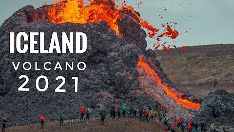 Drone Captures Iceland Volcano Eruption footage of man running towards Volcano