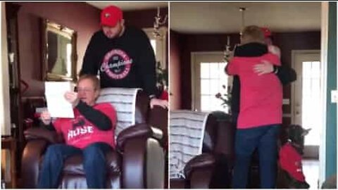 Father can't contain his tears when his son surprises him with a football ticket