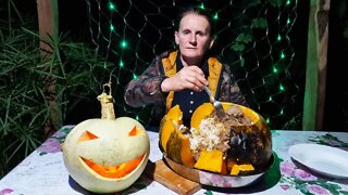 Pumpkin Filled with Rice, Chestnuts, Walnuts and Meat | Halloween Cooking