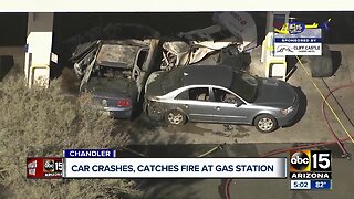 Car crashes, catches fire at gas station in Chandler
