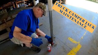 In the shop working on the truck camper again. We perform some well-needed Electric jack maintenance