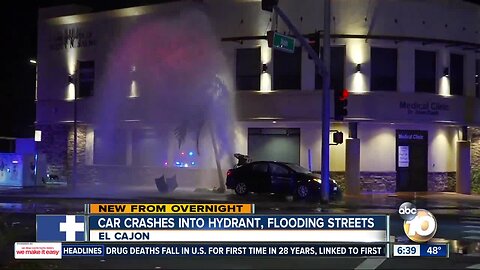 Collision at El Cajon intersection sends car into fire hydrant, causes geyser