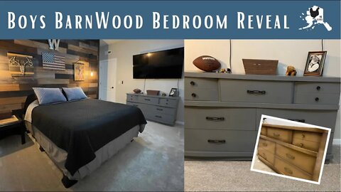 Boys barnwood bedroom reveal | refinished vintage dresser gray | bedroom idea | barnwood headboard