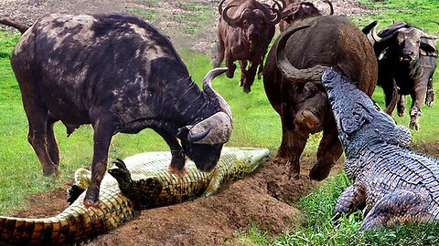 Stubborn Crocodile Was Trampled To Death By Buffalo - Buffalo River Crossing In Front Of Swamp King