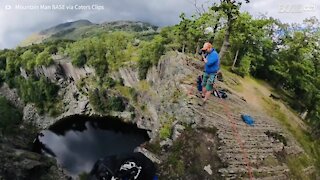 Awesome BASE Jump nailed in abandoned quarry!