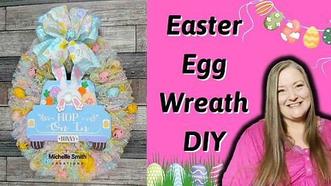 Easter Egg Wreath DIY/Hop On In Dollar Tree Easter DIY/Egg Wreath Form Tutorial/No Fray Mesh Wreath