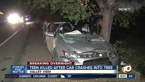 Teen killed after car crashes into tree in Valley Center