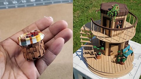 Two Level Deck House From Cardboard | Miniature Woven Basket Monstera Plant