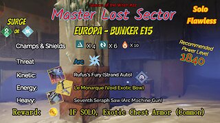 Destiny 2 Master Lost Sector: Europa - Bunker E15 on my Solar Hunter Solo-Flawless 11-25-23