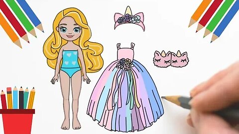 Como Desenhar Boneca de Papel+ Vestido UNICÓRNIO 🦄 #bonecadepapel #paperdolls #unicorn