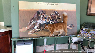 Funny Cat Checks Out Lion Art While Great Danes Nap