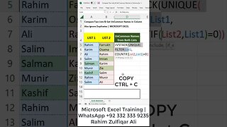 Compare Two Lists & Get UNCOMMON Names in Separate Column, Unique Match Names in Excel #shorts