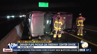 Driver runs away after crashing truck into center divider
