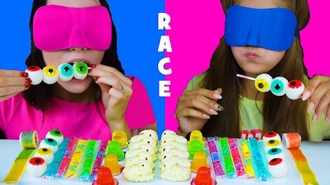 ASMR Candy Race with Closed Eyes (Gummy Eyeballs, Jelly Straws, Peeps Marshmallow)