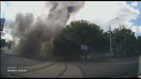 A car dash camera filmed one of many strikes on Donetsk city today