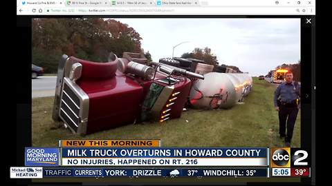 Milk truck overturns on Rt. 216 in Howard County