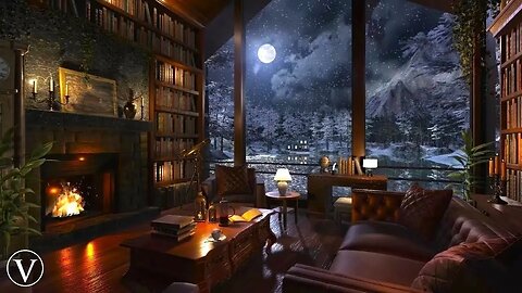 Winter Library Night & Aurora Ambience | Fireplace, Snow & Blizzard Sounds
