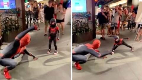 Kid in Spider-man costume meets actual Spider-man
