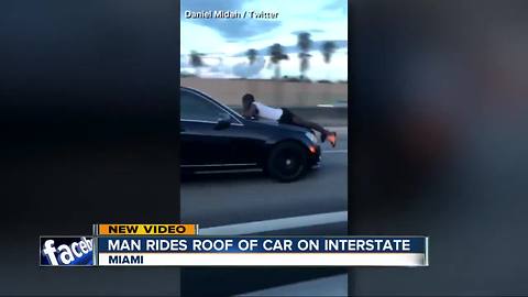 Man caught on video riding on hood of car on freeway