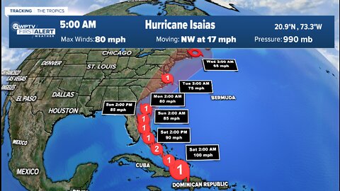 Isaias now expected to intensify into a Category 2 Hurricane
