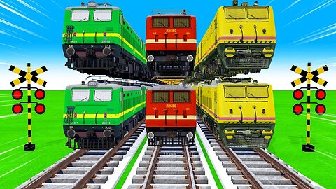 9 TRAIN CROSSING ON MID X CUT CURVED RAILROAD | Electric Train | Indian Train | Animated Railroad