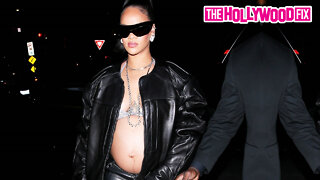 Pregnant Rihanna Shows Off Her Baby Bump In A Black Leather Jacket & Mini-Skirt In Santa Monica, CA