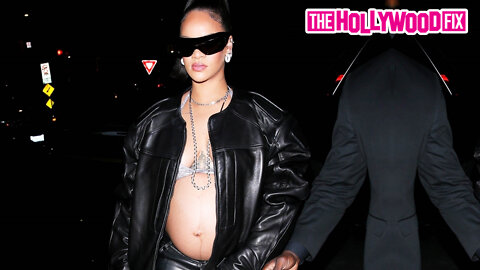 Pregnant Rihanna Shows Off Her Baby Bump In A Black Leather Jacket & Mini-Skirt In Santa Monica, CA