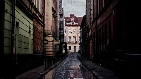 Rain on the cobblestones of Ferentsa Lista Street in L'viv