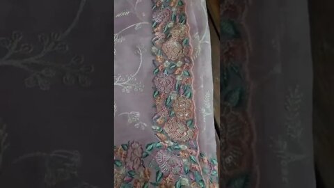 Pure Organza Silk Saree with Scalloped Border & Thread Embroidery Work