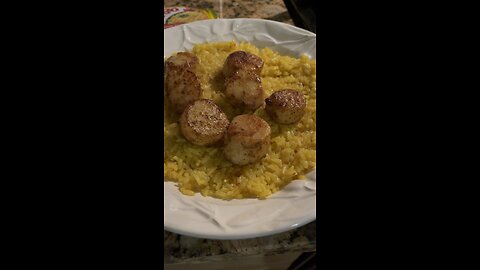 Giant Blackened Wild Caught Sea Scallops 15 to 20 with Vigo Saffron Yellow Rice