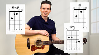 🎸 Guitar E7 chord Em7 chord Emaj7 chord (E seven, E minor 7, E major 7) Lesson with chord diagrams