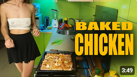 Girl cooking baked chicken in short skirt and transparent top