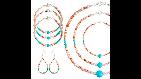 Natural turquoise pink shell with orange spiny oyster Multi Stone Beaded jewelry set Unique Gifts 05