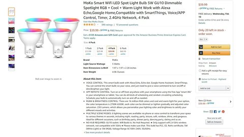 The Watchman News Reviews - MoKo Smart WiFi LED Spot Light Bulb 5W GU10 RGB + Cool + Warm